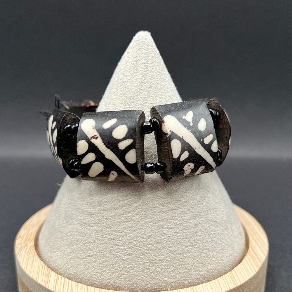 Chunky Wood Block Bracelet Black Cream Batik Tribal Bold Abstract